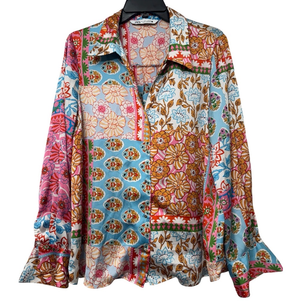 Zara Floral Patchwork Button-Up Shirt - Blue Multi